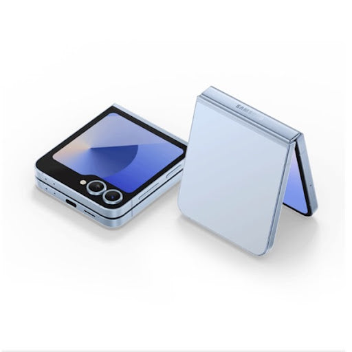 Samsung Galaxy Z Flip 6 foldable smartphone shown in an open and closed position with a blue color finish.